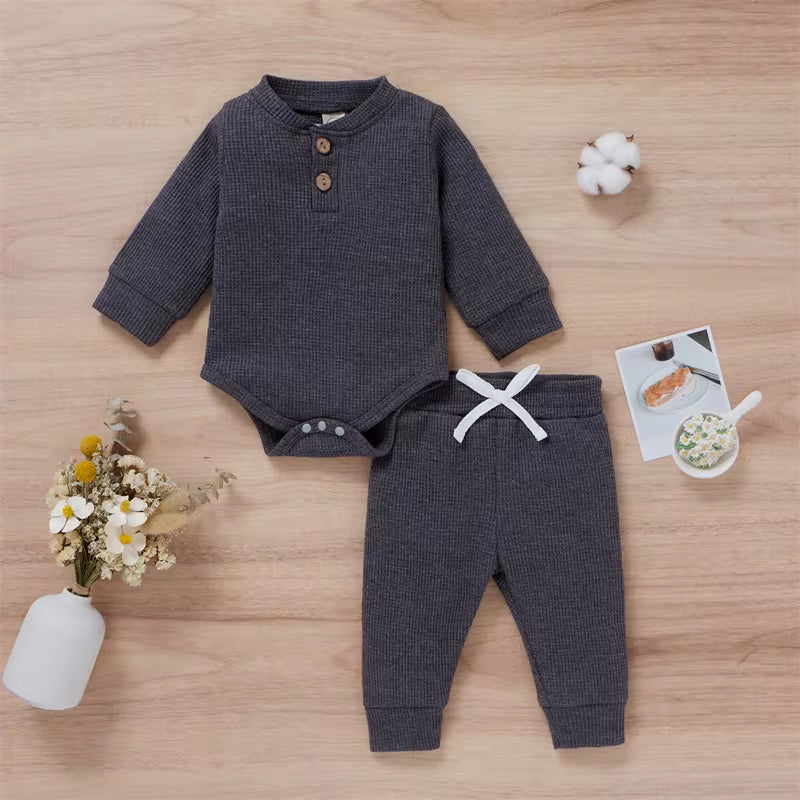 Solid Color Newborn Baby Knitted Warm 2Pcs Suit Toddler Girl Boy Long Sleeve Romper Tops Pants Fall Winter Homewear 2021