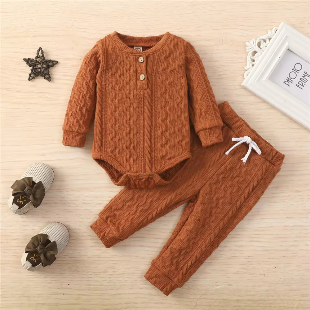 Solid Color Newborn Baby Knitted Warm 2Pcs Suit Toddler Girl Boy Long Sleeve Romper Tops Pants Fall Winter Homewear 2021