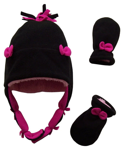 Girls Fleece Winter Hat Mitten Set - Infants Toddler Children Sherpa Lining - Black