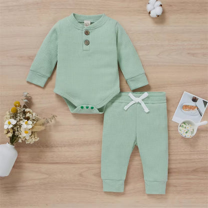 Solid Color Newborn Baby Knitted Warm 2Pcs Suit Toddler Girl Boy Long Sleeve Romper Tops Pants Fall Winter Homewear 2021