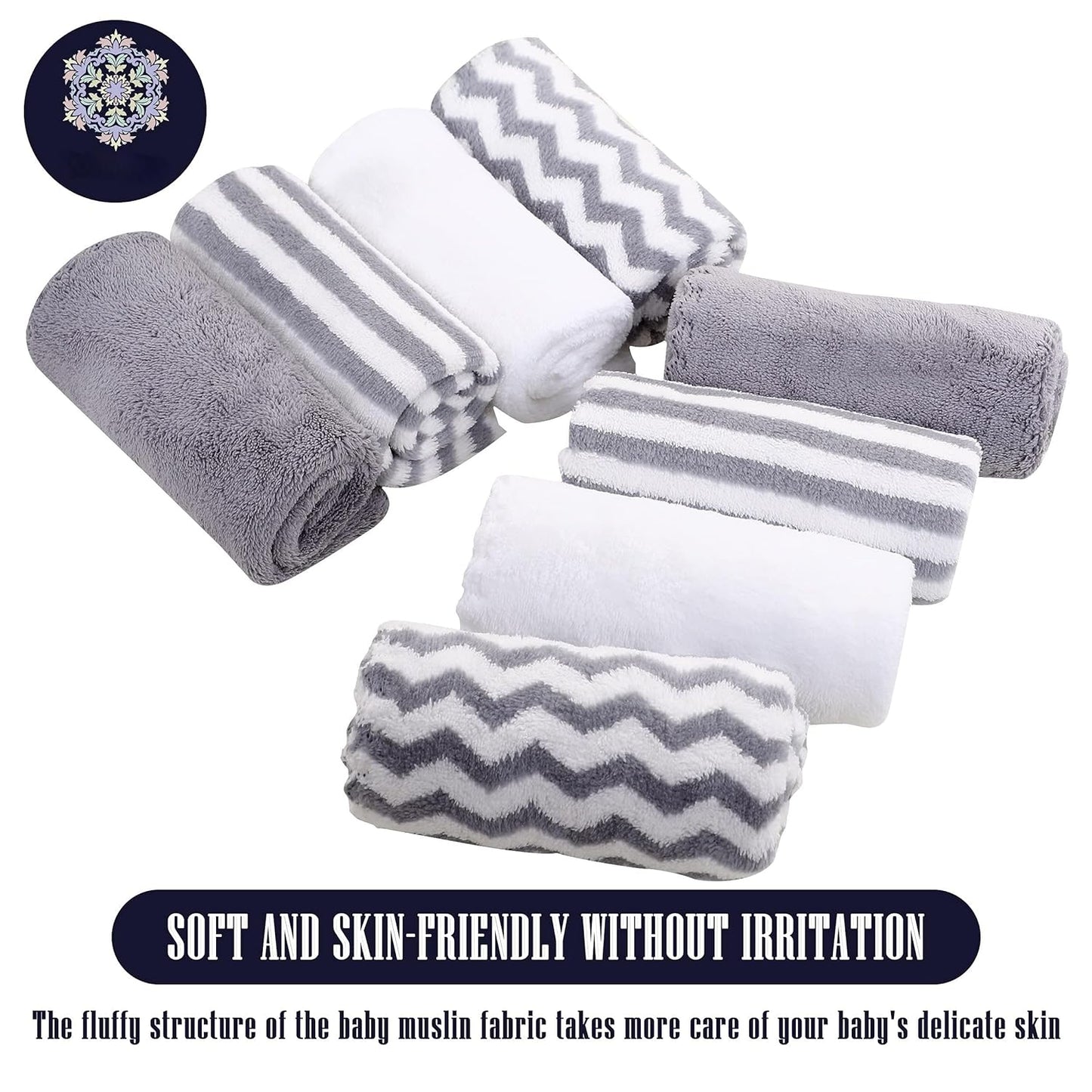 8 Pack Super Soft Baby Burp Cloths, Ultra Absorbent Large Newborn Burping Cloth, Milk Spit up Rags, Unisex Grey and White, 16 × 12 Inch