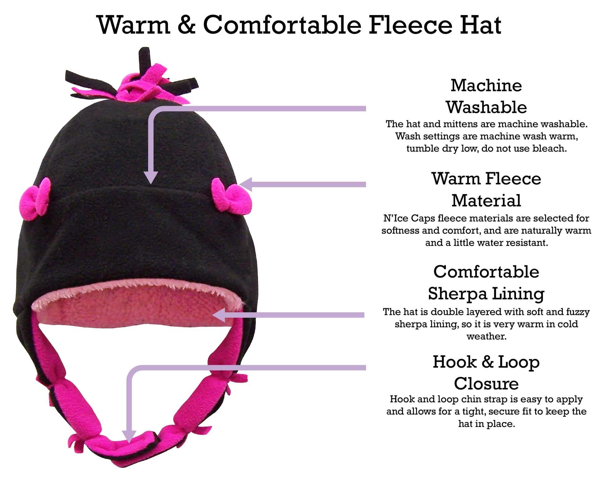 Girls Fleece Winter Hat Mitten Set - Infants Toddler Children Sherpa Lining - Black