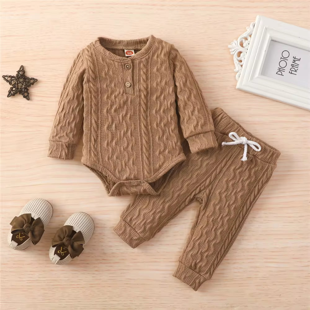 Solid Color Newborn Baby Knitted Warm 2Pcs Suit Toddler Girl Boy Long Sleeve Romper Tops Pants Fall Winter Homewear 2021