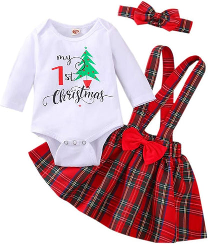 Newborn Baby Girl Christmas Outfits My 1St Christmas Romper+Suspender Skirt +Headband Overall Clothes Set